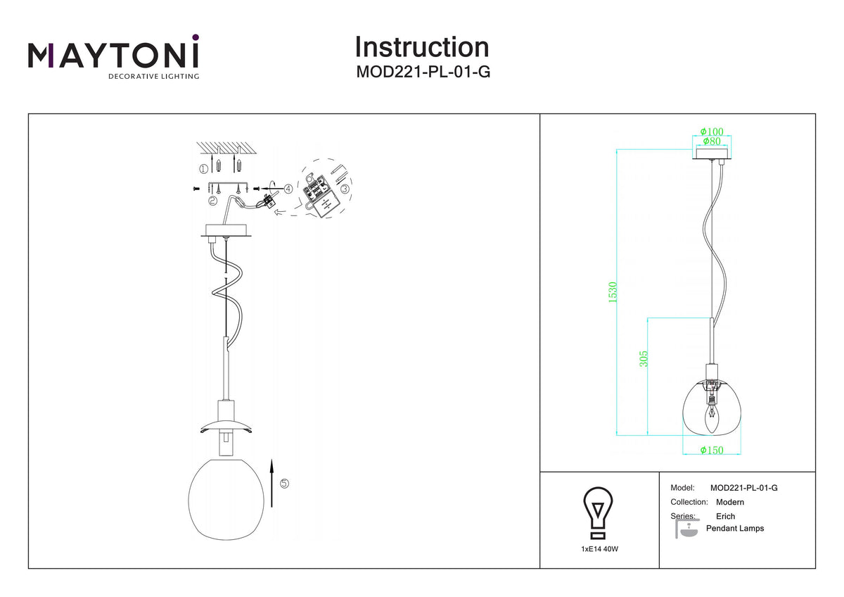 Lampa wisząca Maytoni Erich IP20 1xE14 MOD221-PL-01-G | Mosiądz