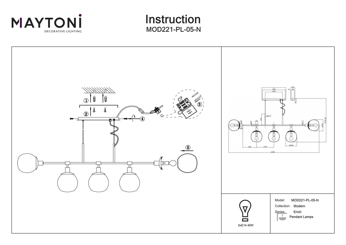 Lampa wisząca Maytoni Erich IP20 5xE14 MOD221-PL-05-N | Nikiel