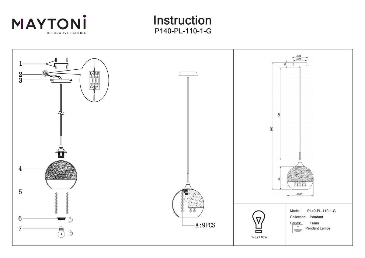 Lampa wisząca Maytoni Fermi IP20 1xE27 P140-PL-110-1-G | Złoto