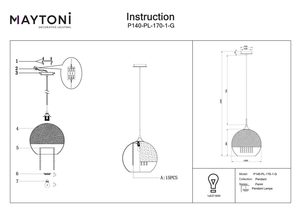 Lampa wisząca Maytoni Fermi IP20 1xE27 P140-PL-170-1-G | Złoto