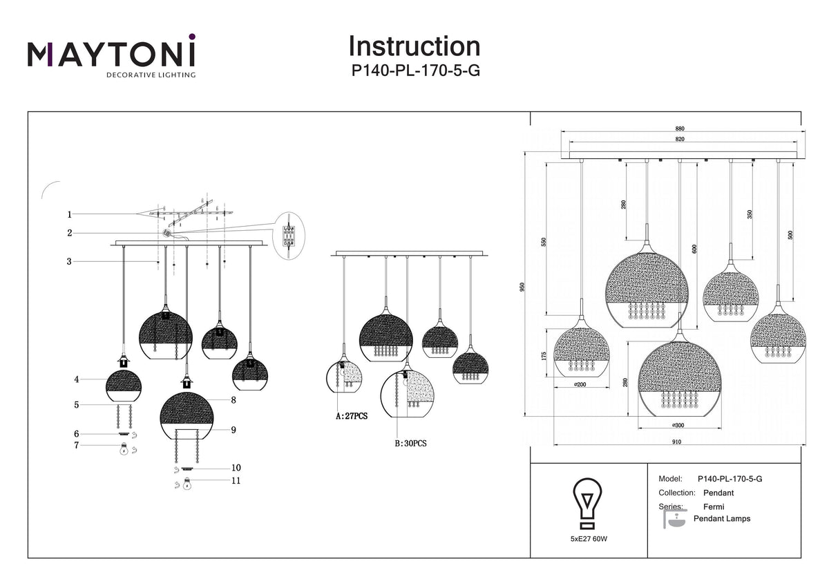 Lampa wisząca Maytoni Fermi IP20 5xE27 P140-PL-170-5-G | Złoto