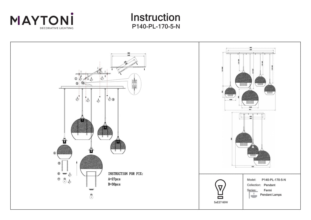 Lampa wisząca Maytoni Fermi IP20 5xE27 P140-PL-170-5-N | Nikiel
