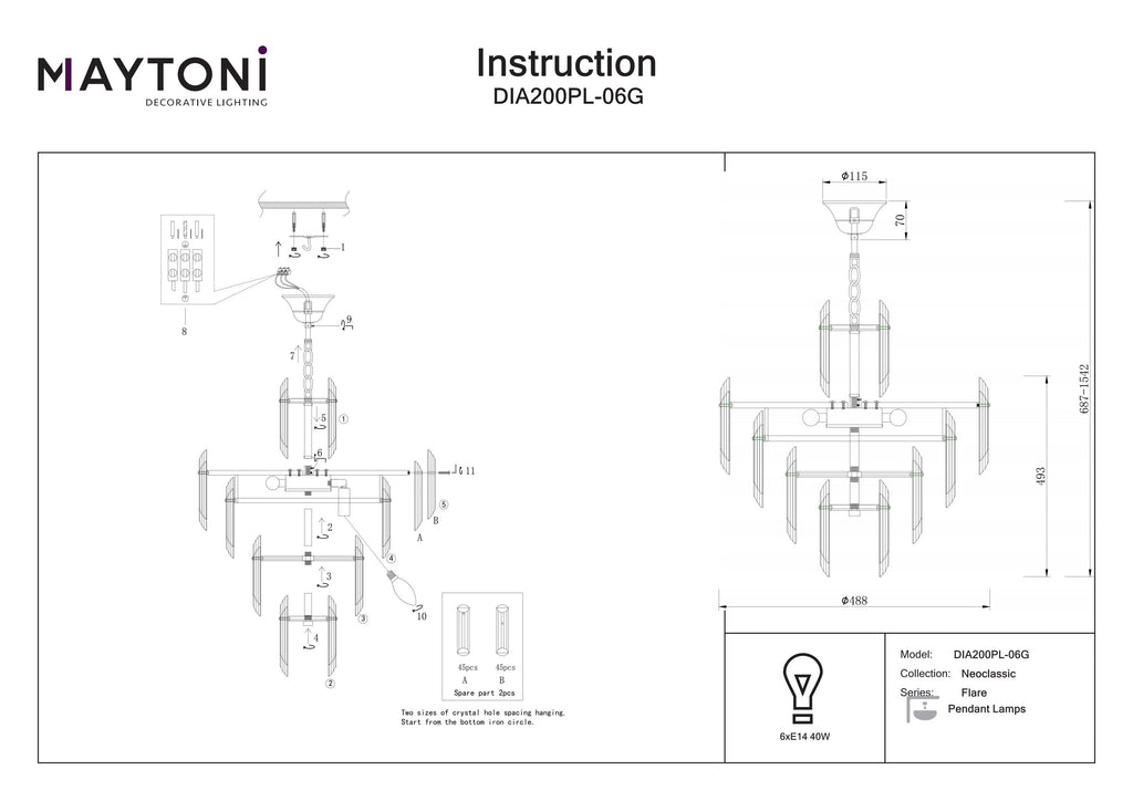 Lampa wisząca Maytoni Flare IP20 6xE14 DIA200PL-06G | Złoto