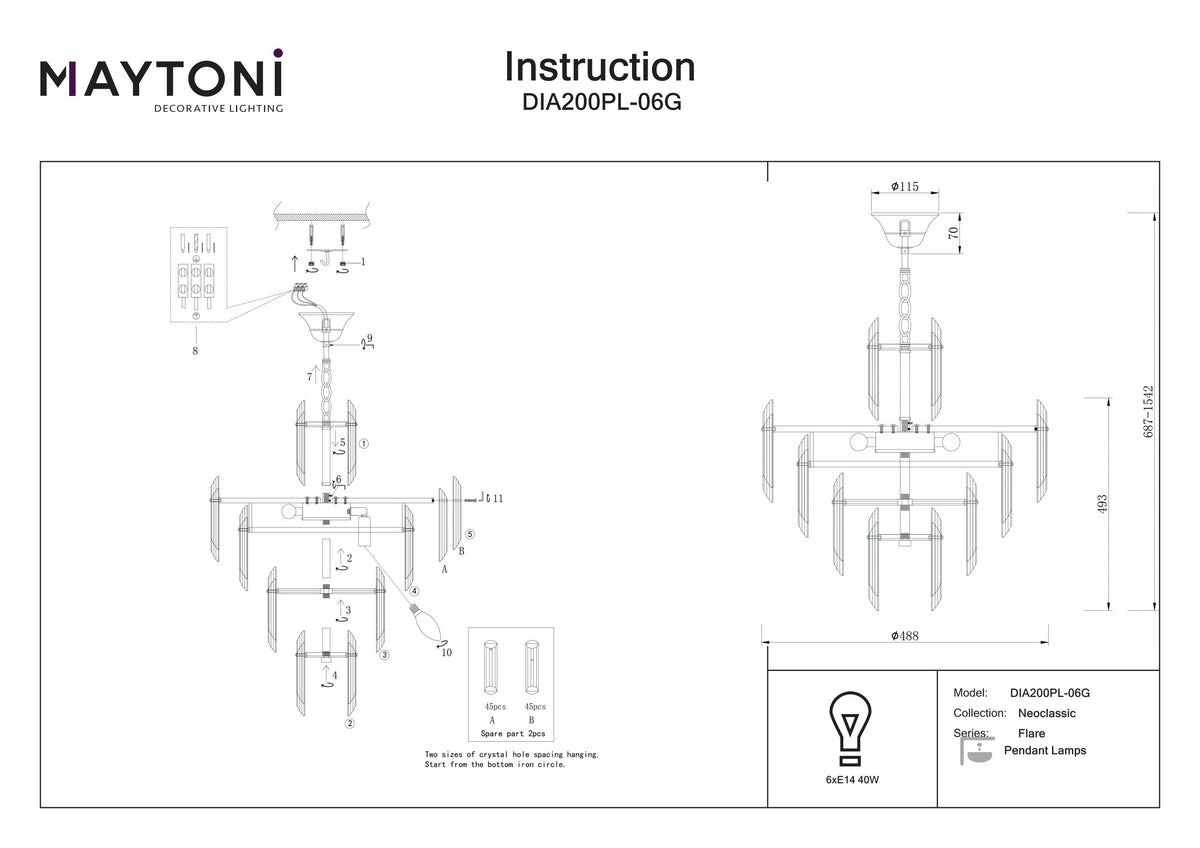 Lampa wisząca Maytoni Flare IP20 6xE14 DIA200PL-06G | Złoto