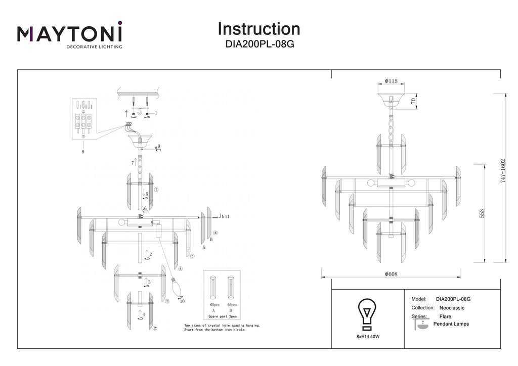Lampa wisząca Maytoni Flare IP20 8xE14 DIA200PL-08G | Złoto
