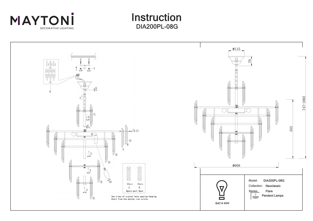 Lampa wisząca Maytoni Flare IP20 8xE14 DIA200PL-08G | Złoto