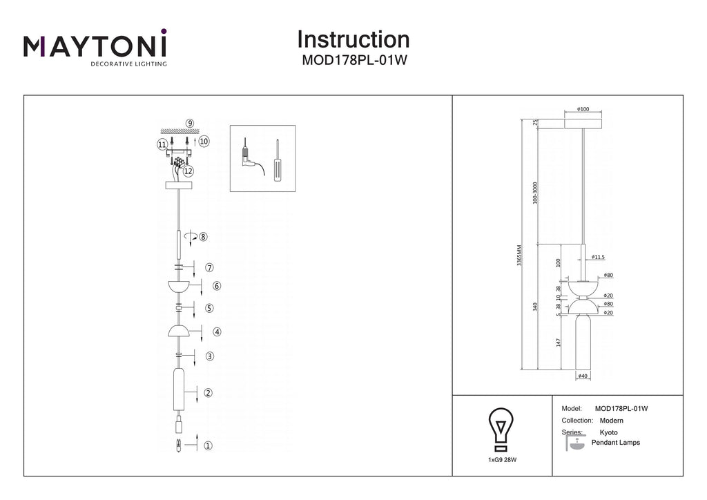 Lampa wisząca Maytoni Kyoto IP20 1xG9 MOD178PL-01W | Biały