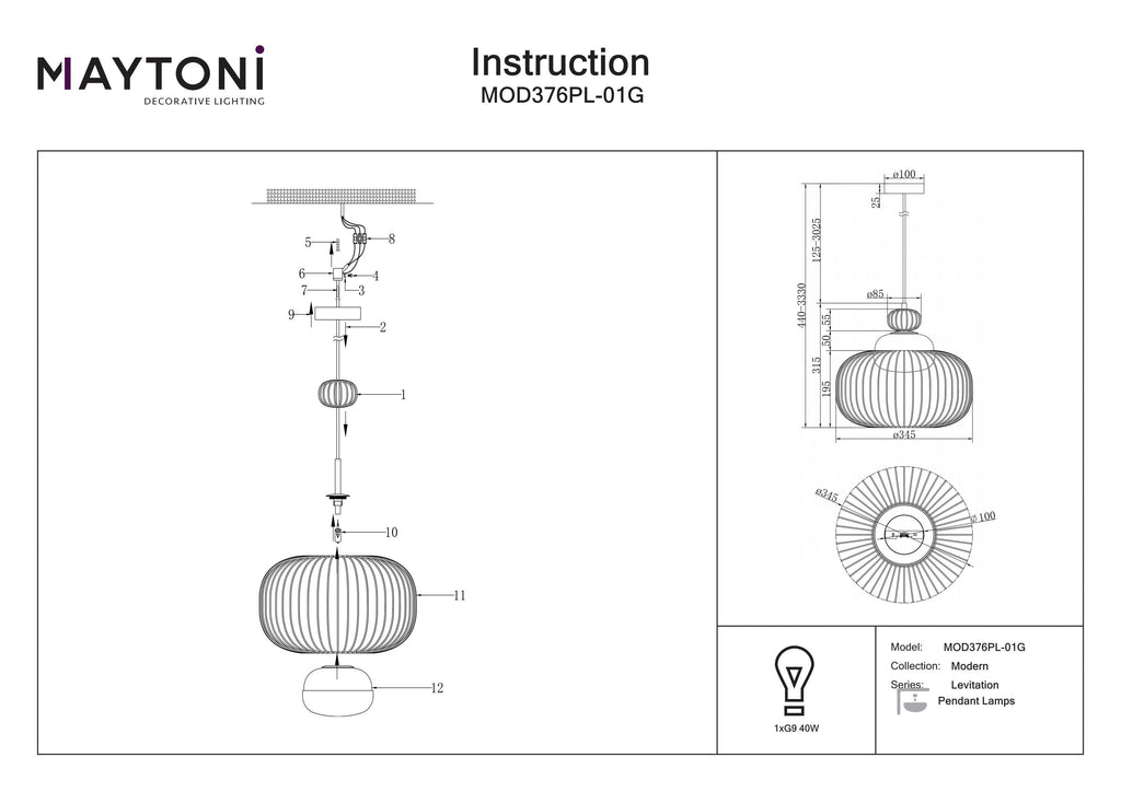 Lampa wisząca Maytoni Levitation IP20 1xG9 MOD376PL-01G | Mosiądz