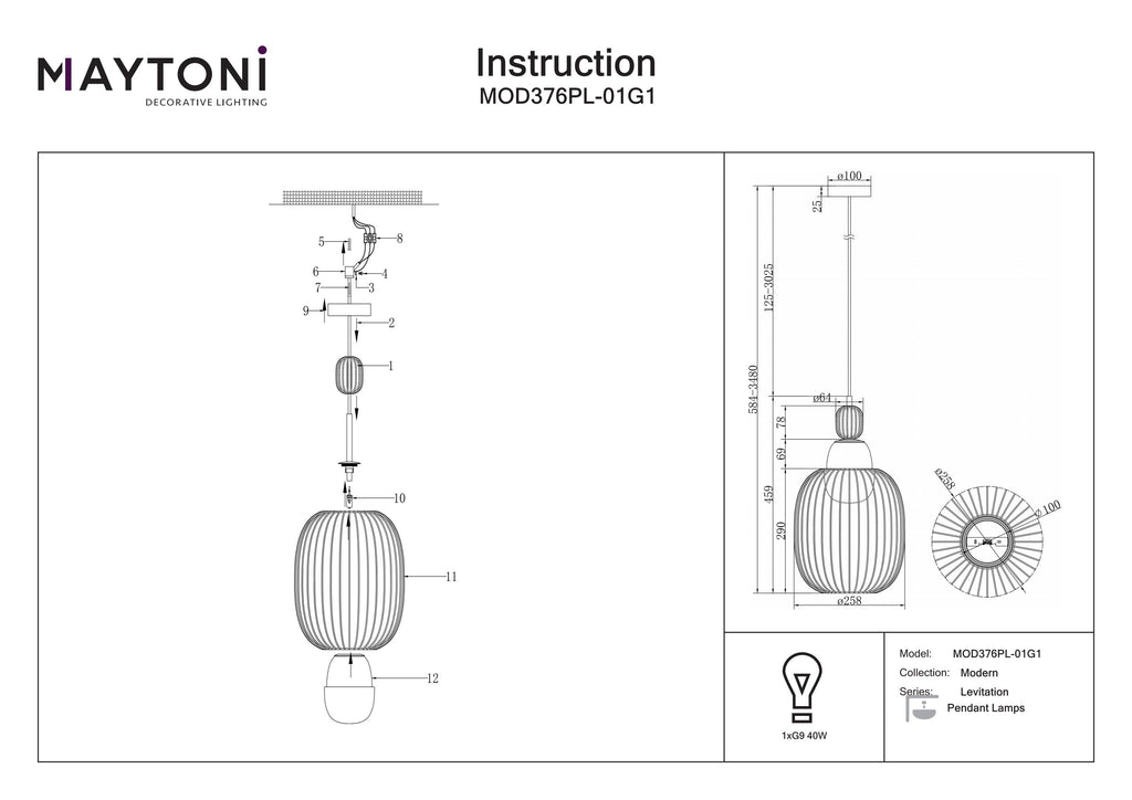 Lampa wisząca Maytoni Levitation IP20 1xG9 MOD376PL-01G1 | Mosiądz