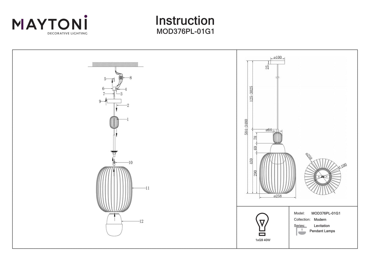 Lampa wisząca Maytoni Levitation IP20 1xG9 MOD376PL-01G1 | Mosiądz