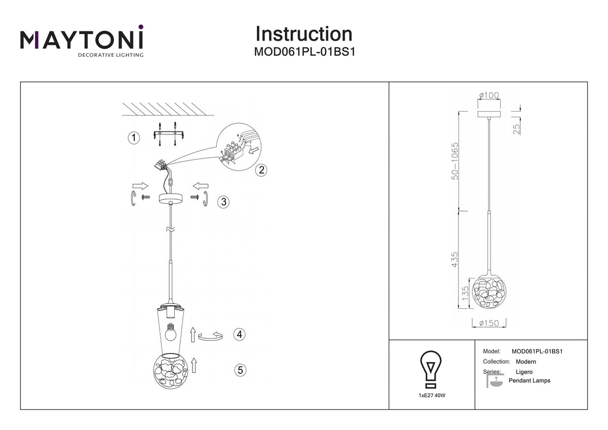 Lampa wisząca Maytoni Ligero IP20 1xE27 MOD061PL-01BS1 | Mosiądz