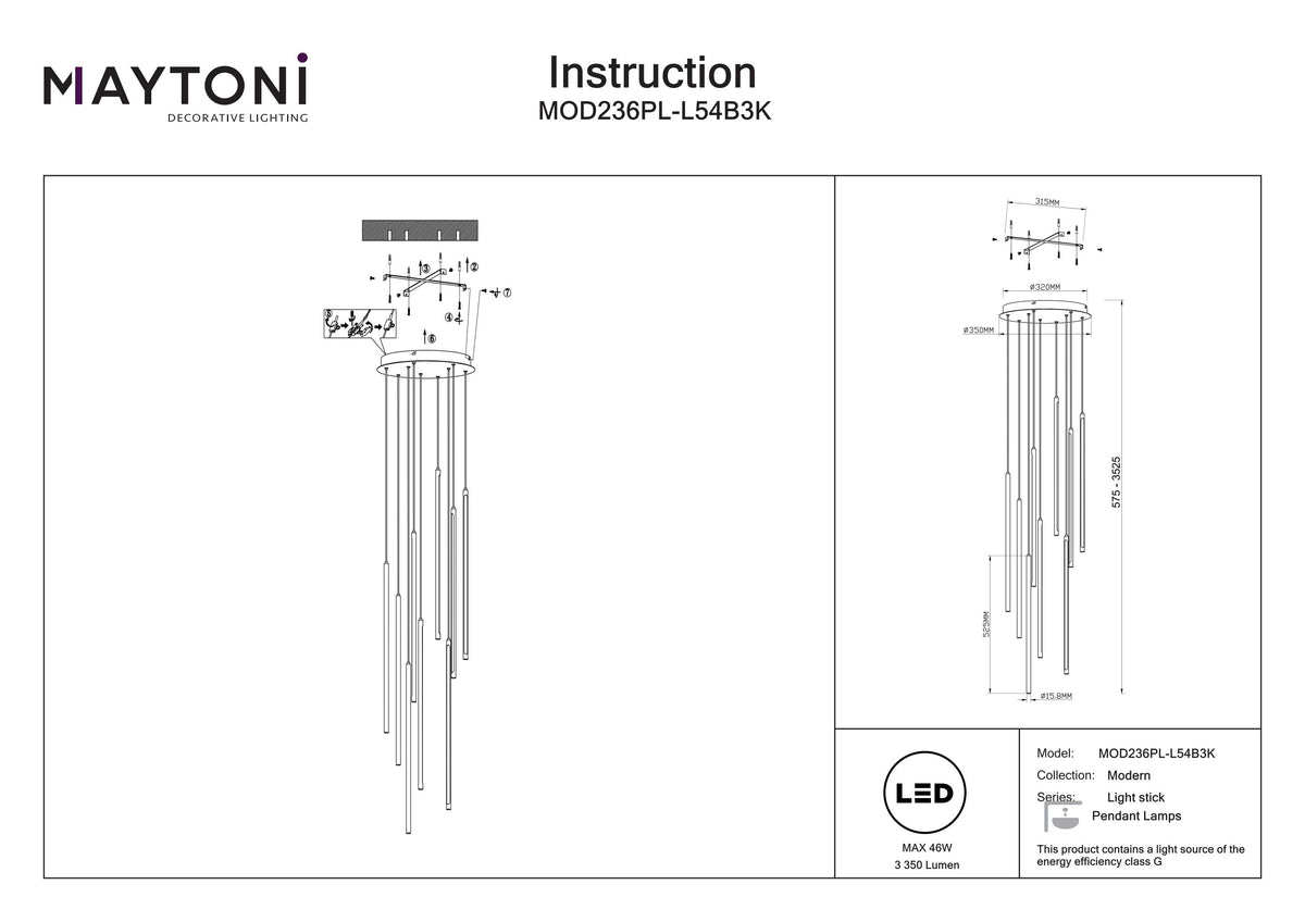 Lampa wisząca Maytoni Light stick IP20 x MOD236PL-L54B3K | Czarny