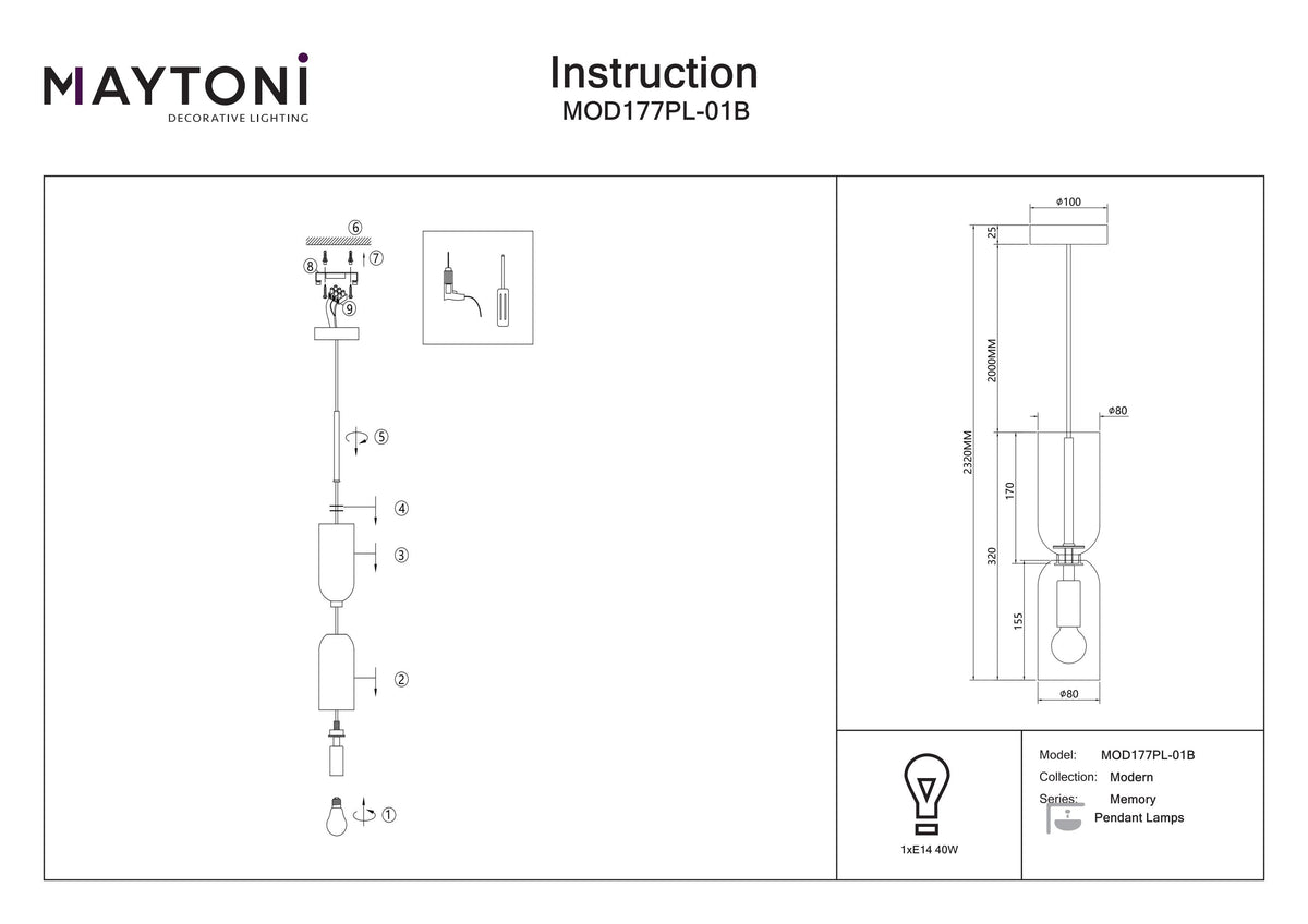 Lampa wisząca Maytoni Memory IP20 1xE14 MOD177PL-01B | Czarny