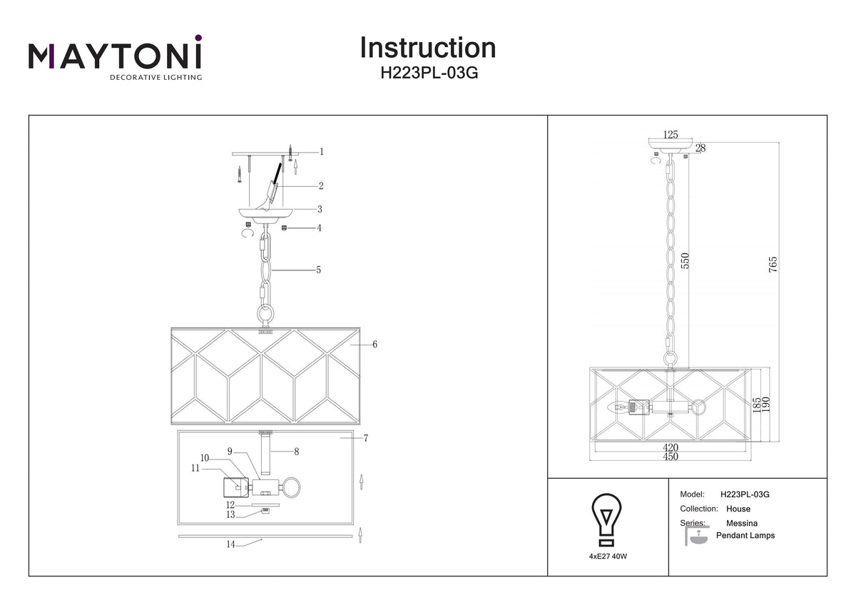 Lampa wisząca Maytoni Messina IP20 4xE27 H223PL-03G | Złoto