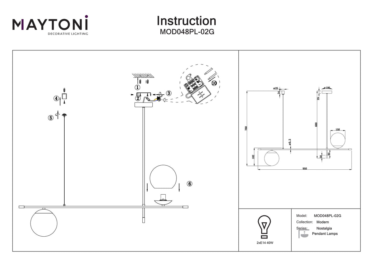Lampa wisząca Maytoni Nostalgia IP20 2xE14 MOD048PL-02G | Czarno-złoty