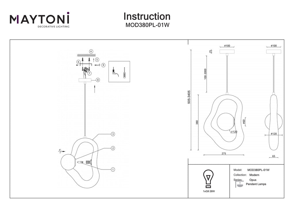 Lampa wisząca Maytoni Opus IP20 1xG9 MOD380PL-01W | Biały