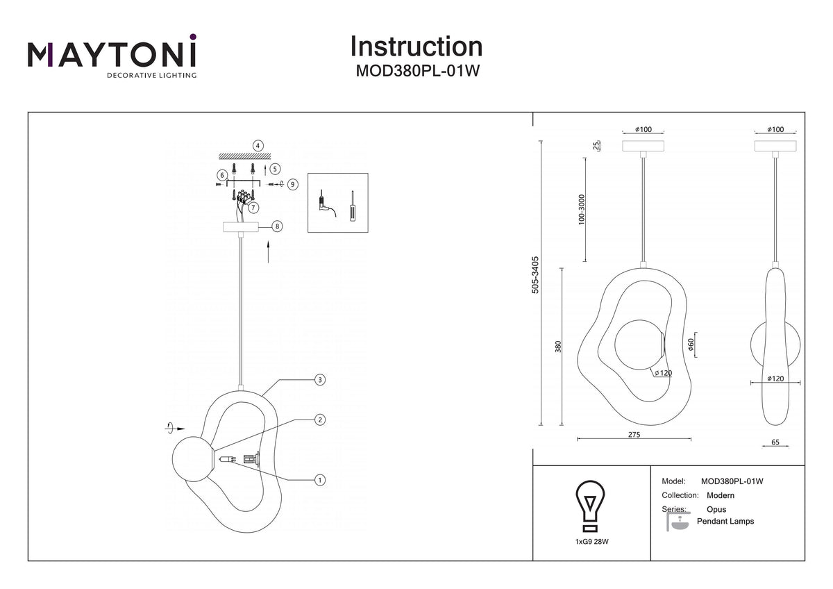 Lampa wisząca Maytoni Opus IP20 1xG9 MOD380PL-01W | Biały