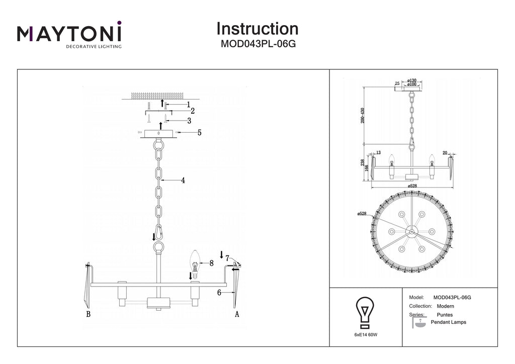 Lampa wisząca Maytoni Puntes IP20 6xE14 MOD043PL-06G | Złoto