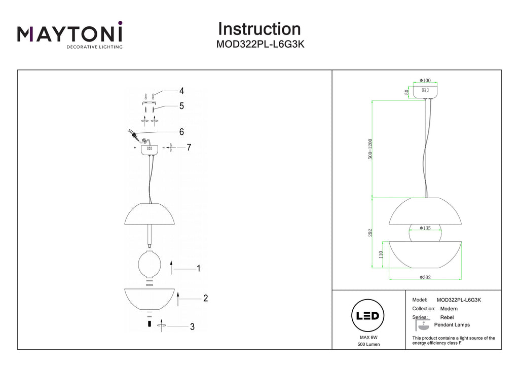 Lampa wisząca Maytoni Rebel IP20 x MOD322PL-L6G3K | Czarny