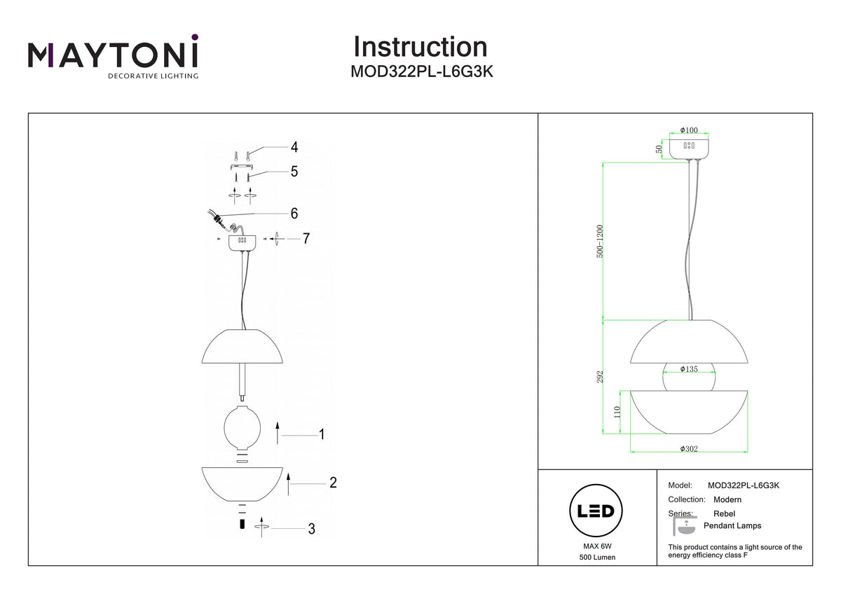 Lampa wisząca Maytoni Rebel IP20 x MOD322PL-L6G3K | Czarny