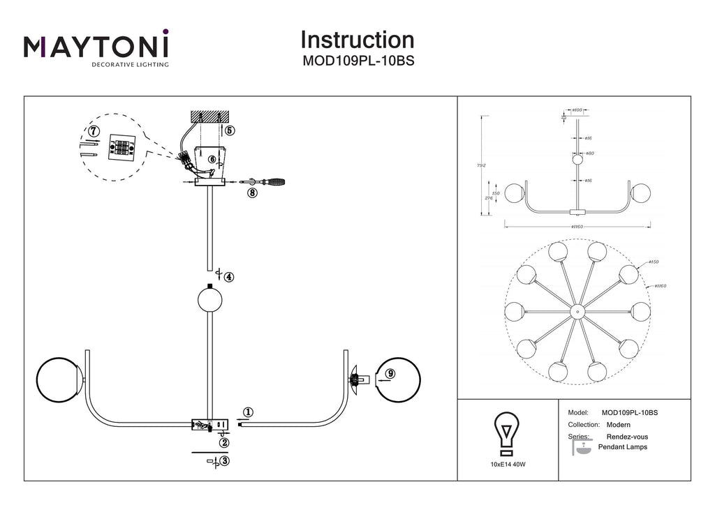 Lampa wisząca Maytoni Rendez-vous IP20 10xE14 MOD109PL-10BS | Mosiądz