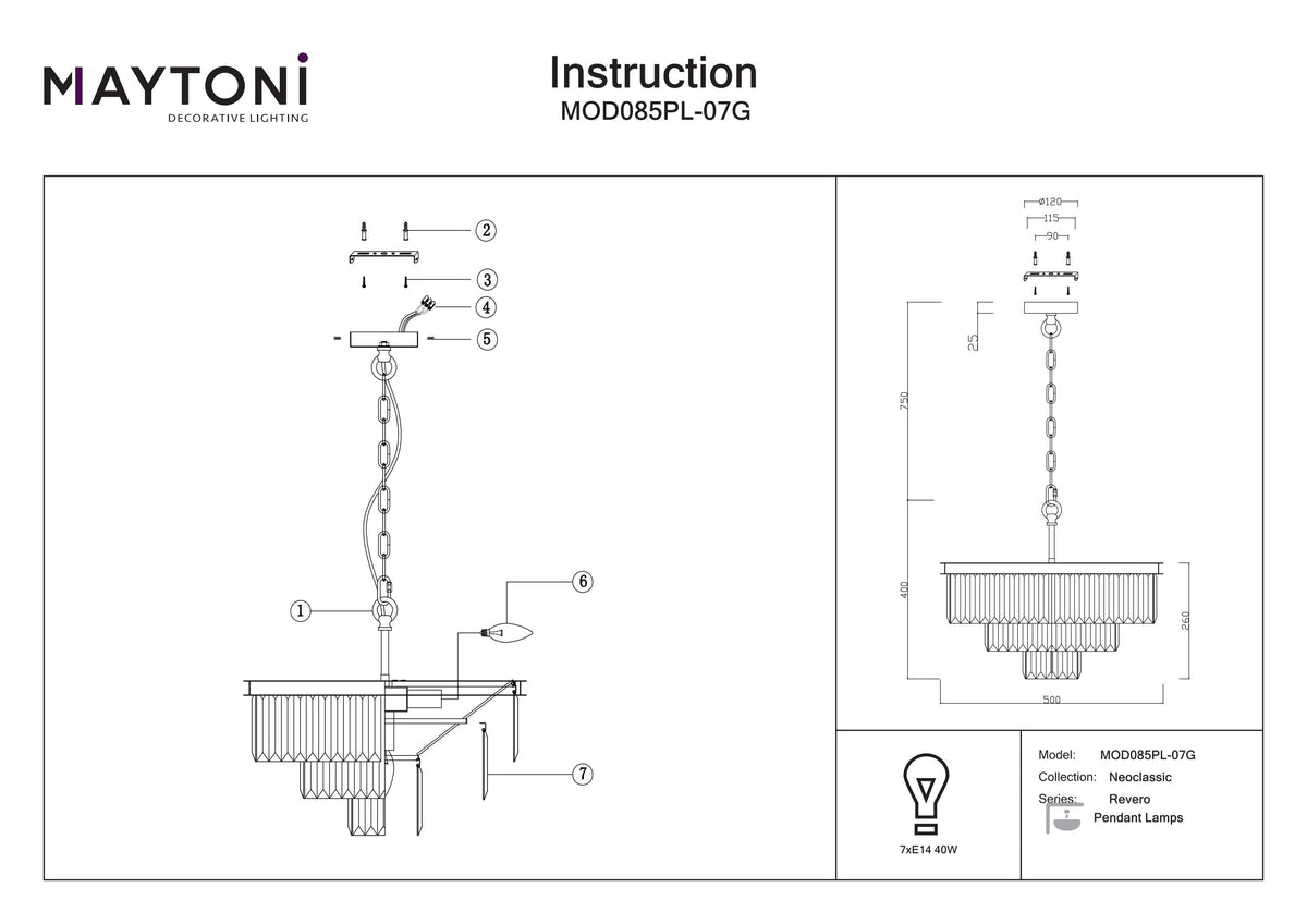 Lampa wisząca Maytoni Revero IP20 7xE14 MOD085PL-07G | Złoto