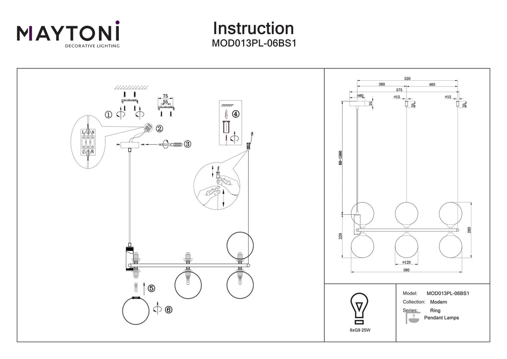 Lampa wisząca Maytoni Ring IP20 6xG9 MOD013PL-06BS1 | Mosiądz