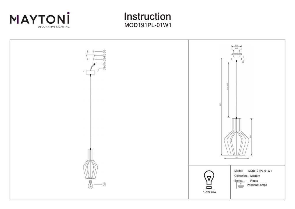 Lampa wisząca Maytoni Roots IP20 1xE27 MOD191PL-01W1 | Czarny