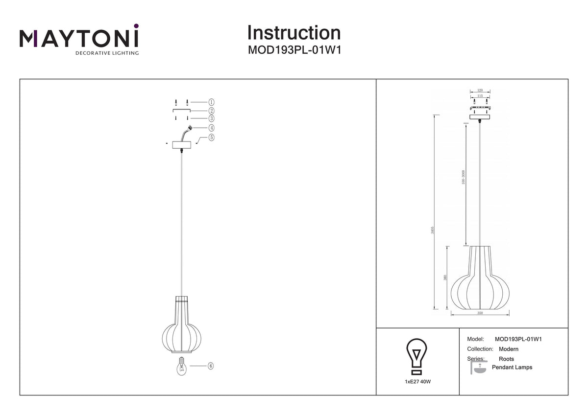 Lampa wisząca Maytoni Roots IP20 1xE27 MOD193PL-01W1 | Czarny