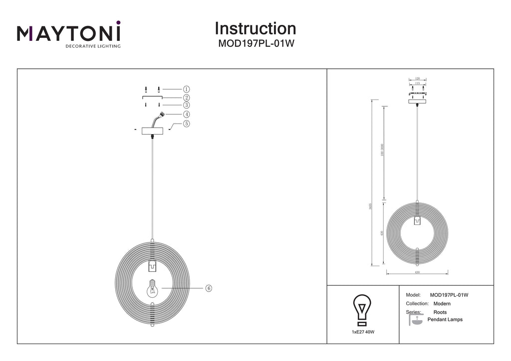 Lampa wisząca Maytoni Roots IP20 1xE27 MOD197PL-01W | Czarny