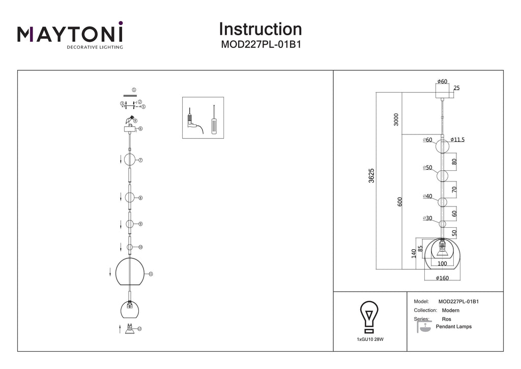 Lampa wisząca Maytoni Ros IP20 1xGU10 MOD227PL-01B1 | Czarny