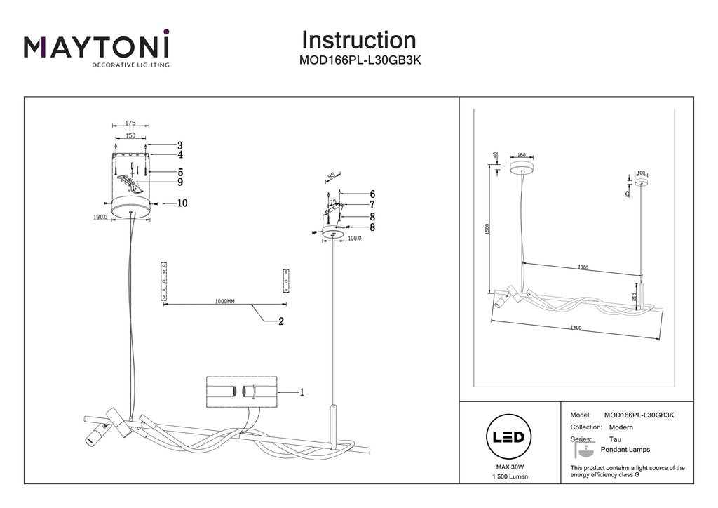 Lampa wisząca Maytoni Tau IP20 x MOD166PL-L30GB3K | Czarno-złoty