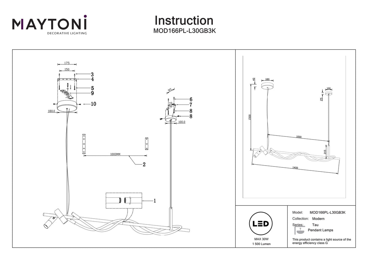 Lampa wisząca Maytoni Tau IP20 x MOD166PL-L30GB3K | Czarno-złoty