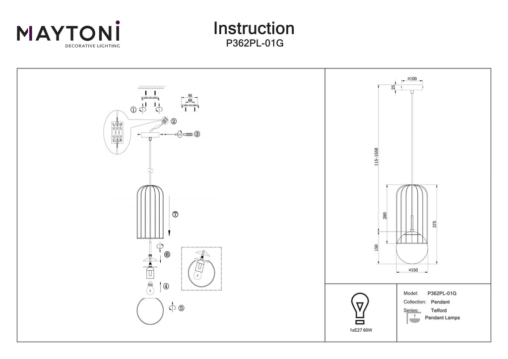 Lampa wisząca Maytoni Telford IP20 1xE27 P362PL-01G | Złoto