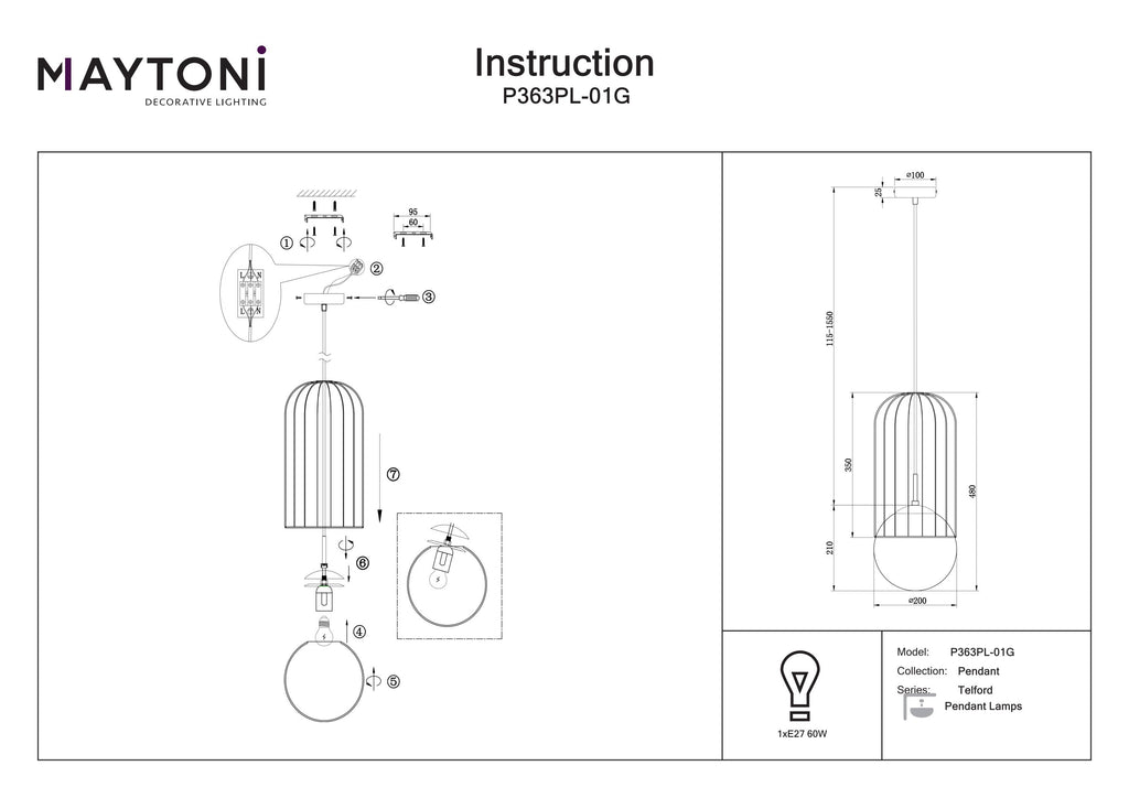 Lampa wisząca Maytoni Telford IP20 1xE27 P363PL-01G | Złoto