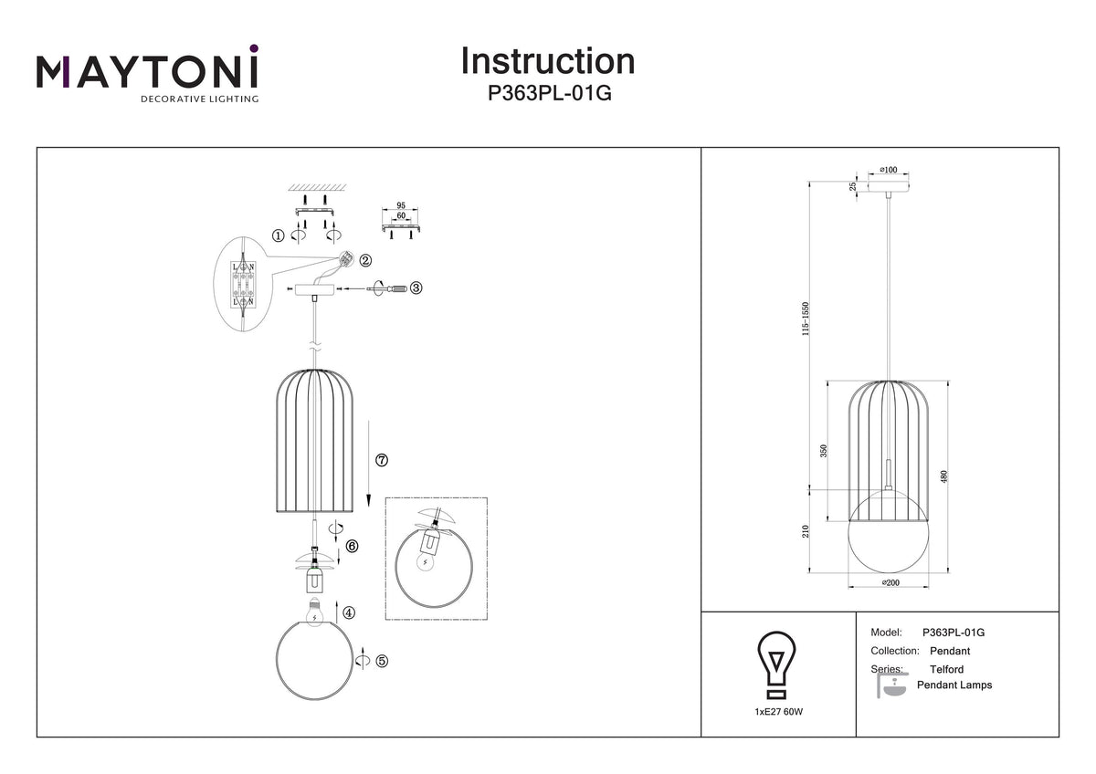 Lampa wisząca Maytoni Telford IP20 1xE27 P363PL-01G | Złoto