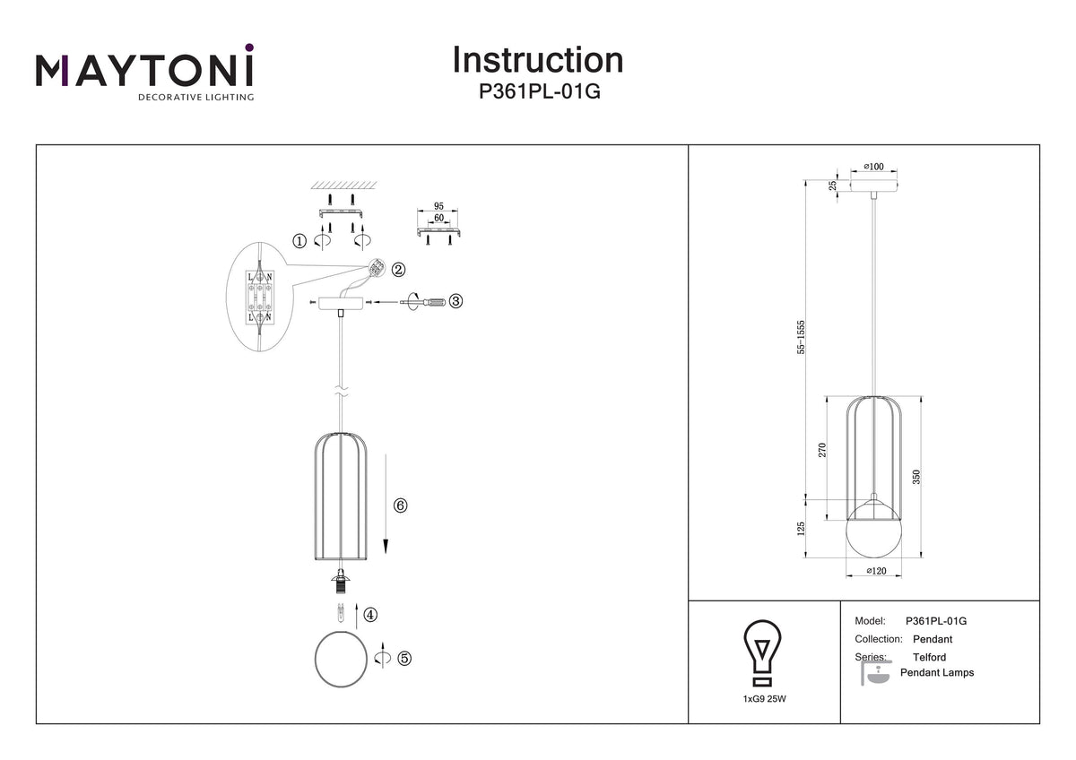 Lampa wisząca Maytoni Telford IP20 1xG9 P361PL-01G | Złoto