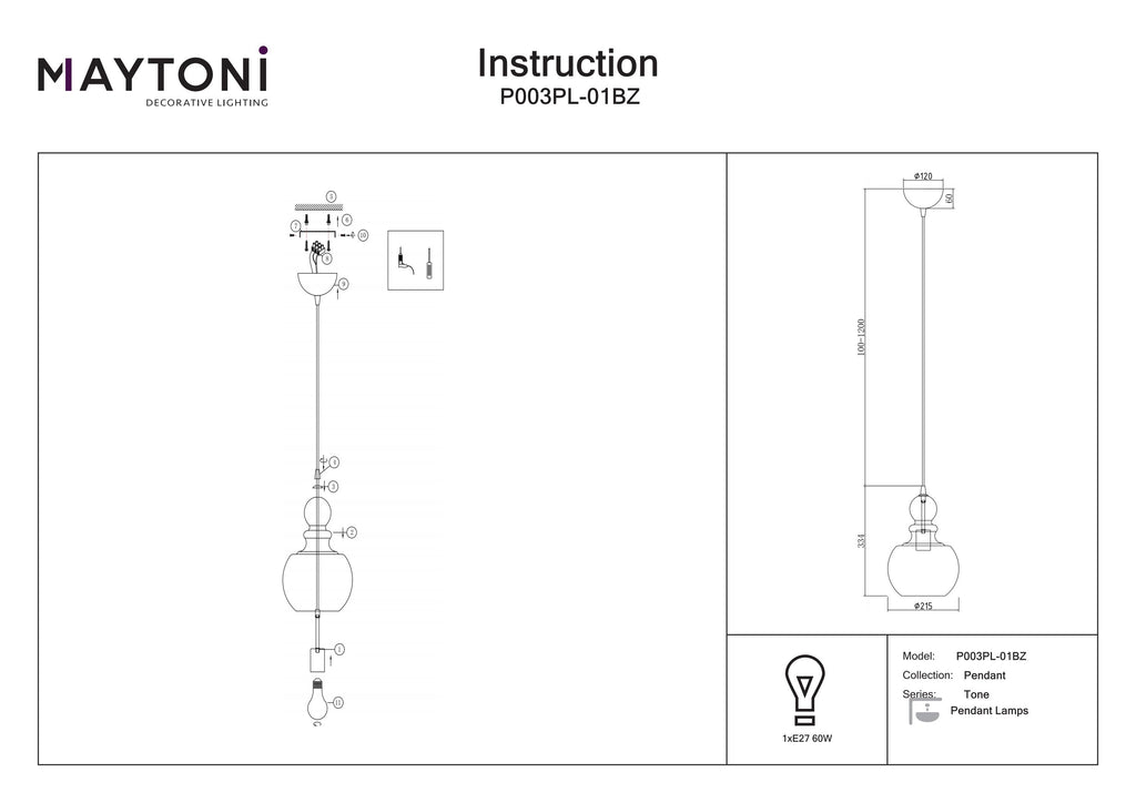 Lampa wisząca Maytoni Tone IP20 1xE27 P003PL-01BZ | Brązowy