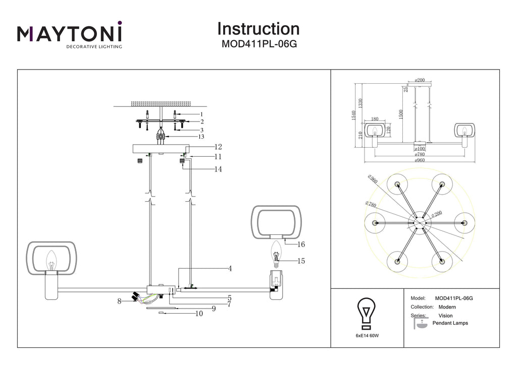 Lampa wisząca Maytoni Vision IP20 6xE14 MOD411PL-06G | Złoto