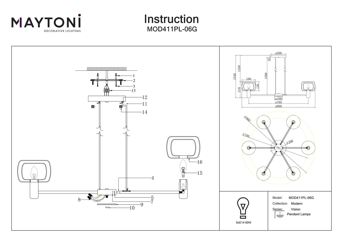 Lampa wisząca Maytoni Vision IP20 6xE14 MOD411PL-06G | Złoto