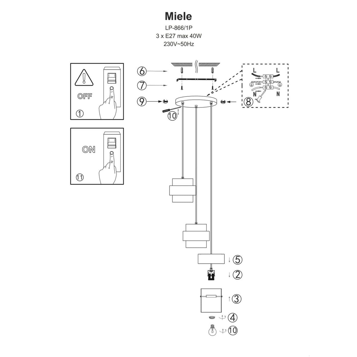 Lampa wisząca Miele 3, czarny/dymiony/złoty, 3x40W E27