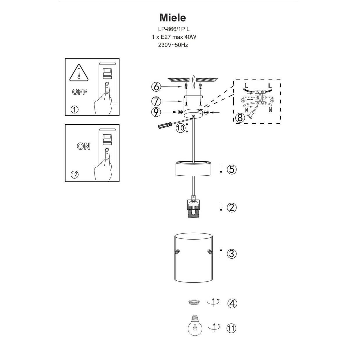 Lampa wisząca Miele, duża, czarny/dymiony/złoty, 1x40W E27