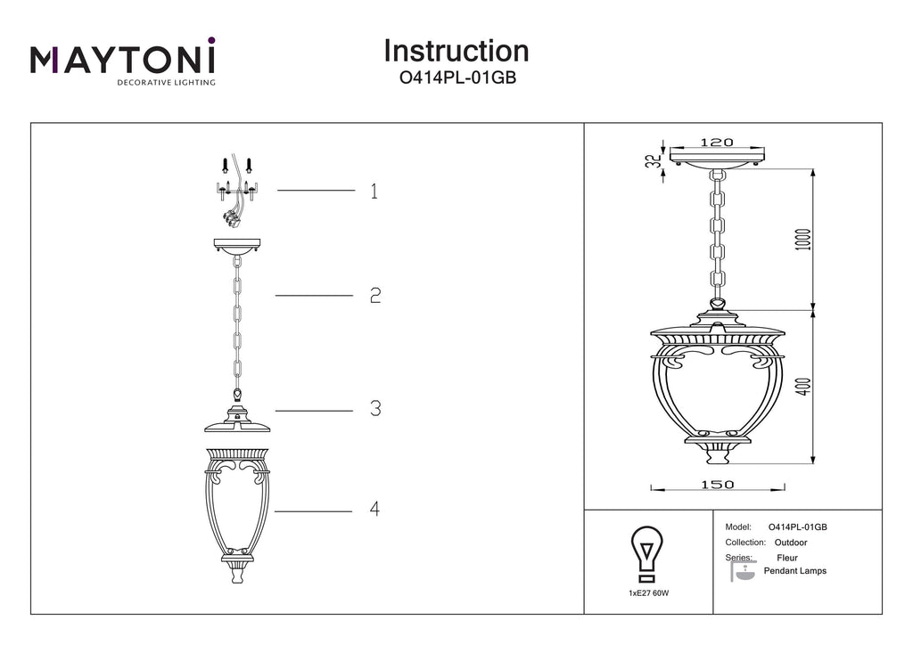 Lampa wisząca Outdoor Fleur IP44 1xE27 O414PL-01GB | Czarny ze złotem