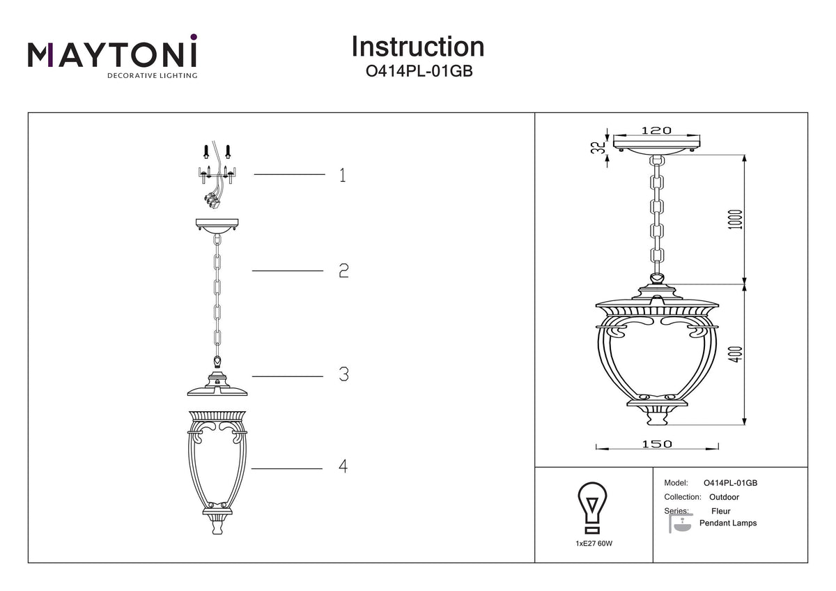 Lampa wisząca Outdoor Fleur IP44 1xE27 O414PL-01GB | Czarny ze złotem