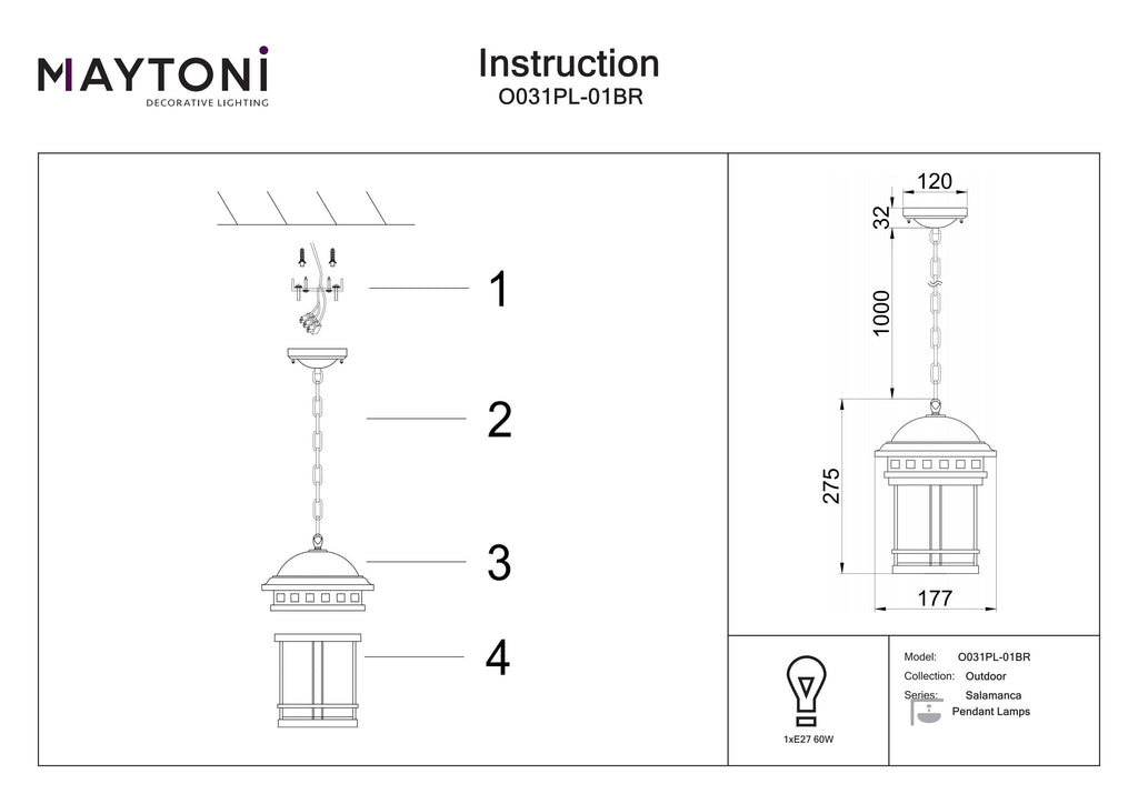 Lampa wisząca Outdoor Salamanca IP44 1xE27 O031PL-01BR | Brązowy