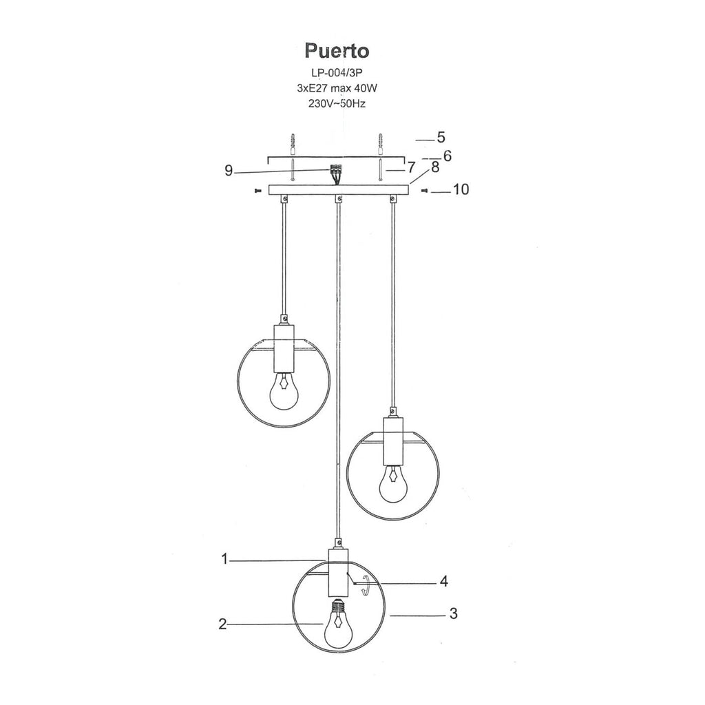 Lampa wisząca PUERTO, czarna z transparentnymi kloszami, 3x40W E27
