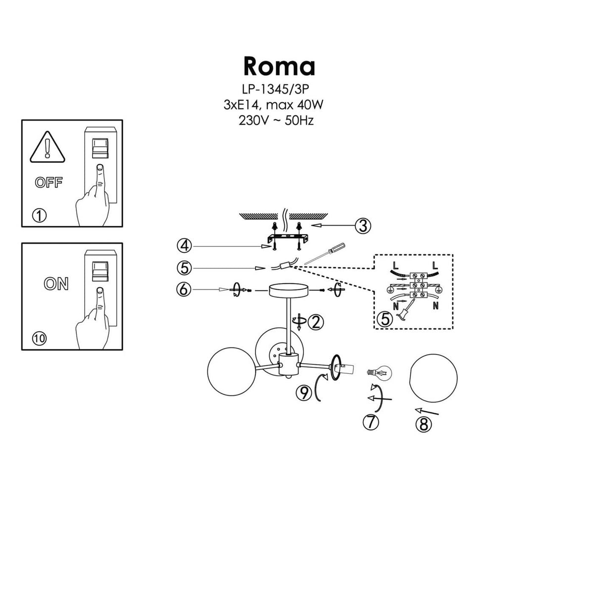 Lampa wisząca Roma 3, czarna z białymi kloszami, 3x40W E14