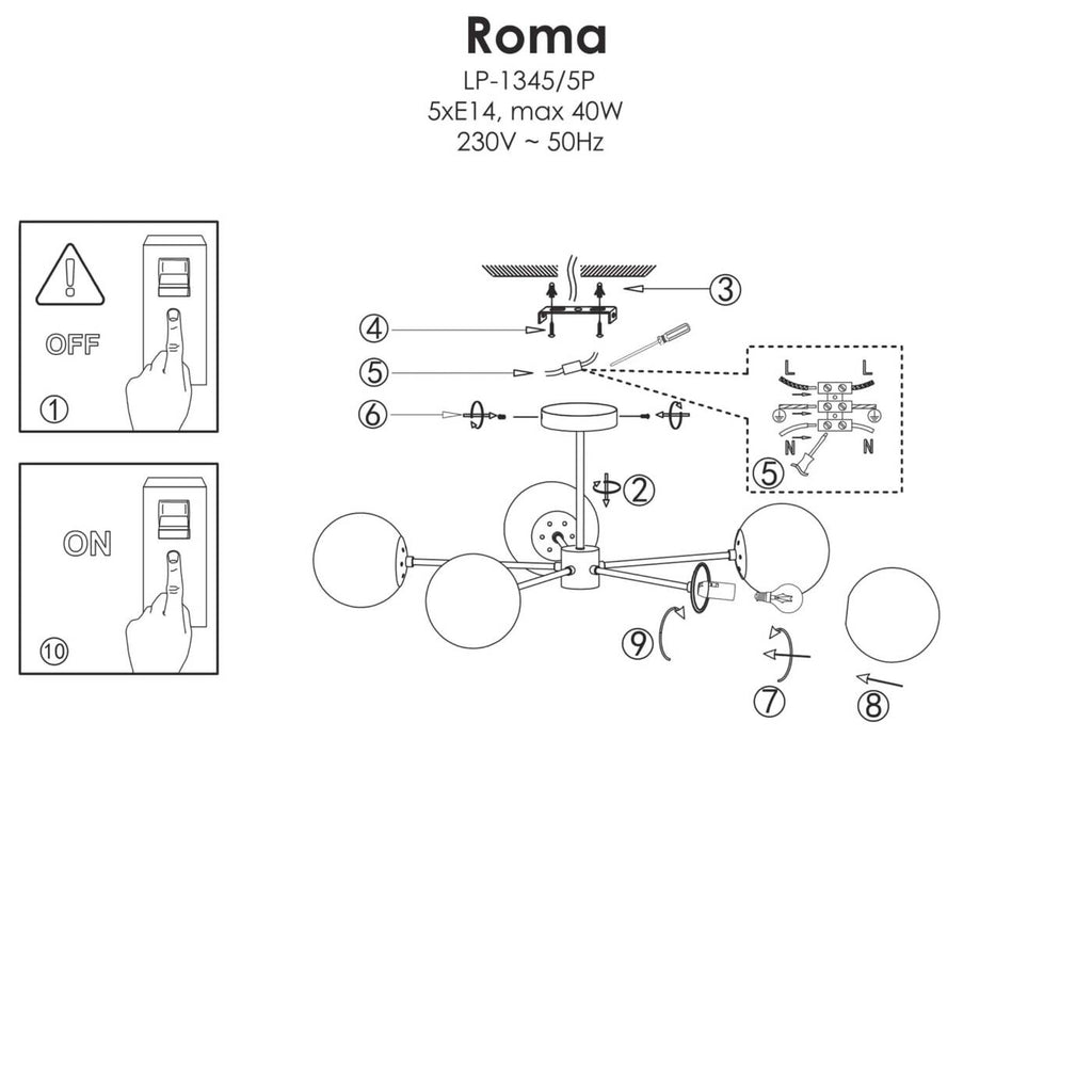 Lampa wisząca Roma 5, czarna z białymi kloszami, 5x40W E14