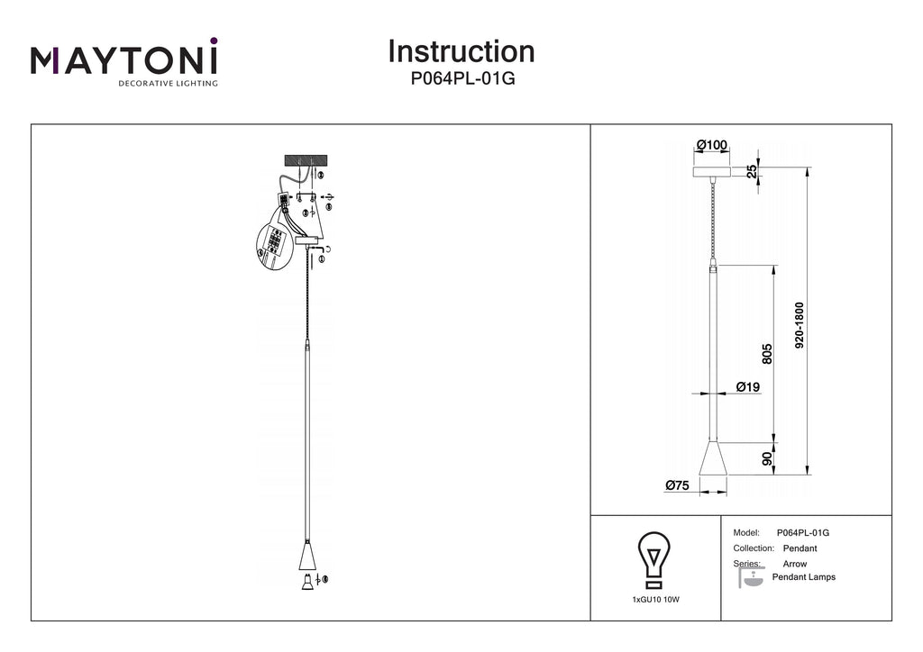 Lampa wisząca Technical Arrow IP20 1xGU10 P064PL-01G | Złoto