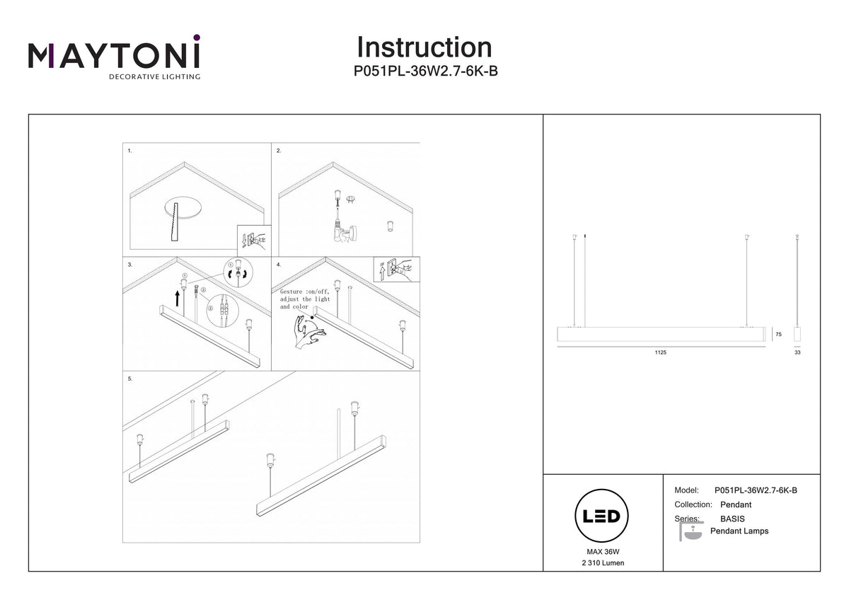 Lampa wisząca Technical BASIS IP20 x P051PL-36W2.7-6K-B | Czarny